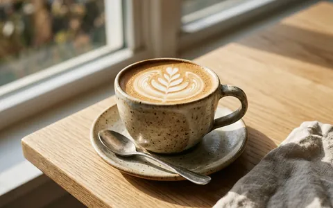 A latte on a wooden table