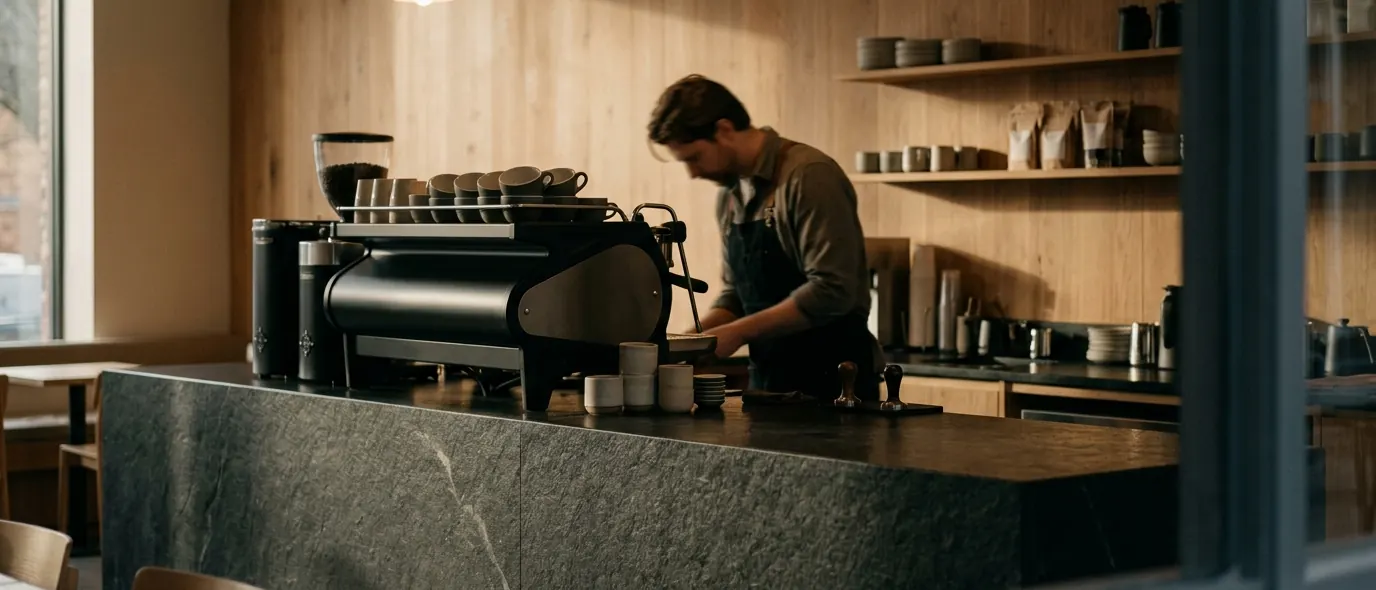 A barista at the espresso machine behind the counter