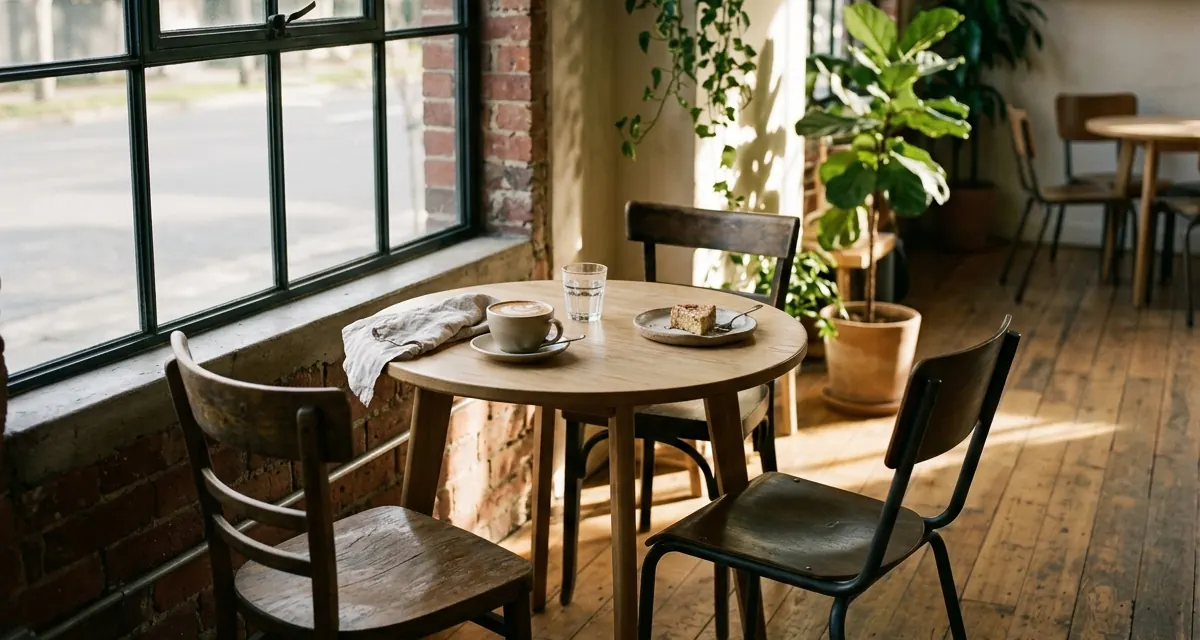 A cafe table by the window with a latte and a dessert